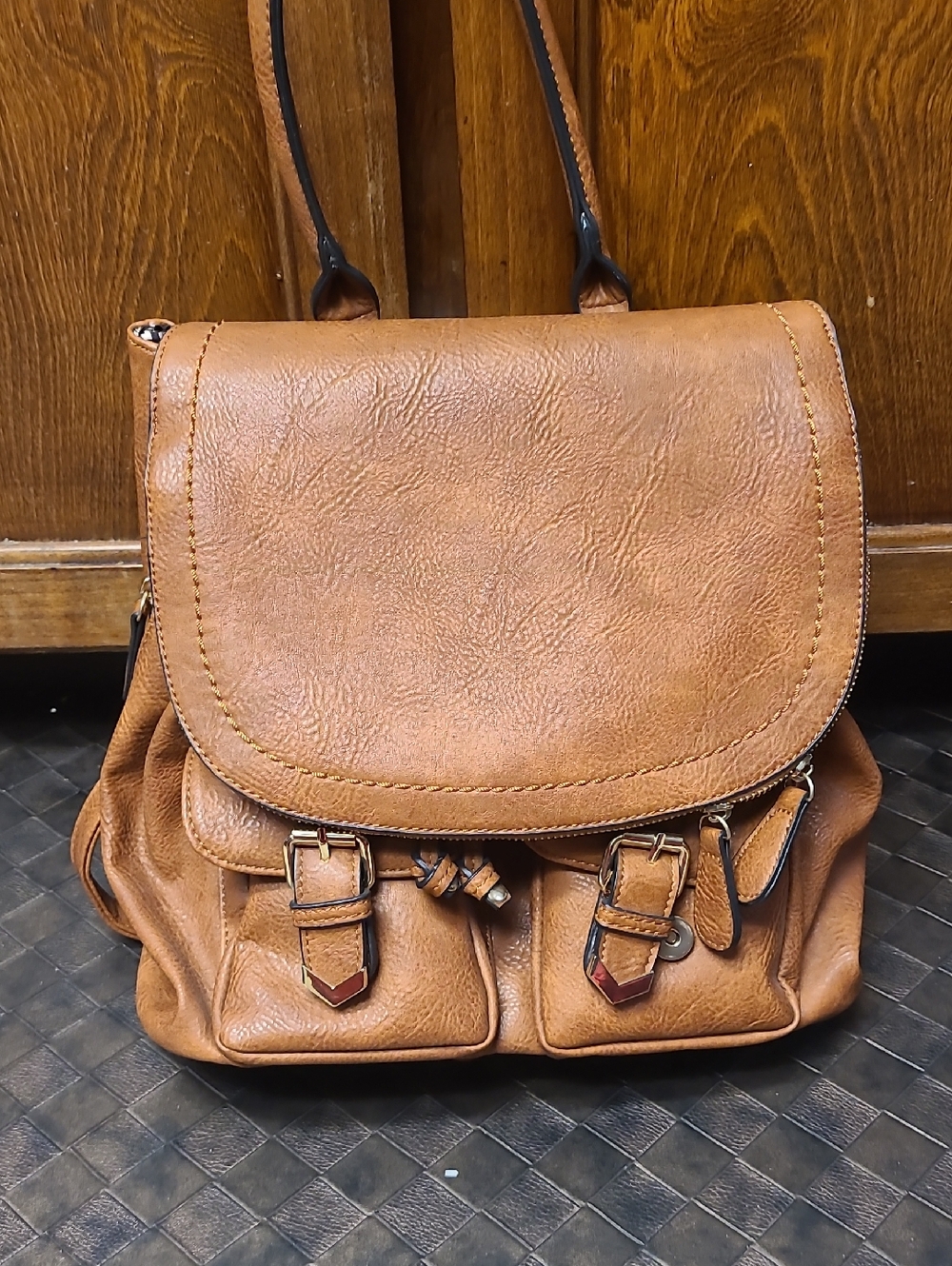 Madison West Tan Faux Leather Backpack Purse